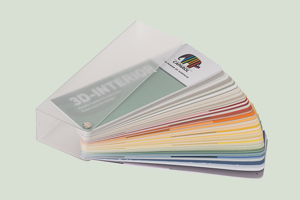 Fanned-out Color Chart 3D-INTERIOR on a light green background.